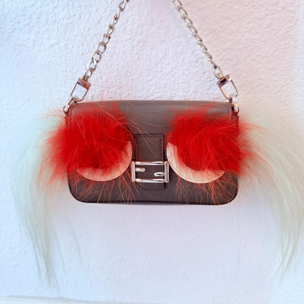 $1750 Fendi 'Micro Monster' Genuine Fox & Lamb Fur Baguette Leather Mini Bag - Picture 12 of 15